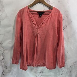 The J Peterman Company Shirt Womens Medium Coral Linen Lagenlook Long Sleeve V